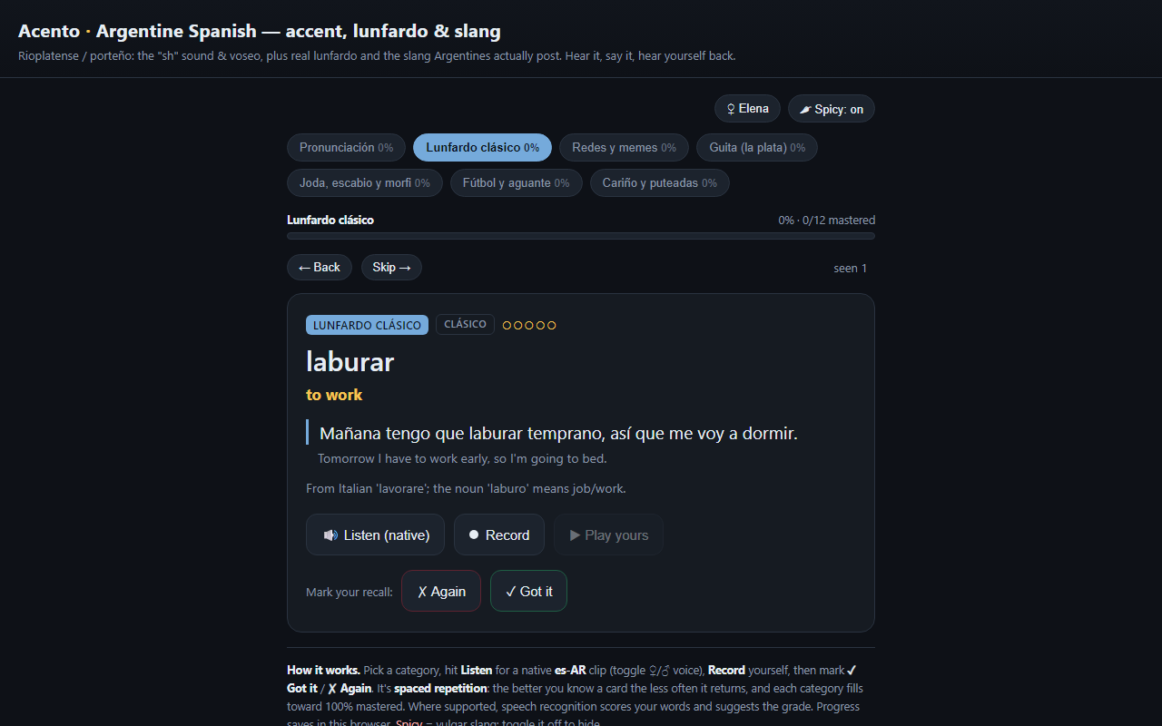 Acento — Argentine Spanish accent trainer screenshot