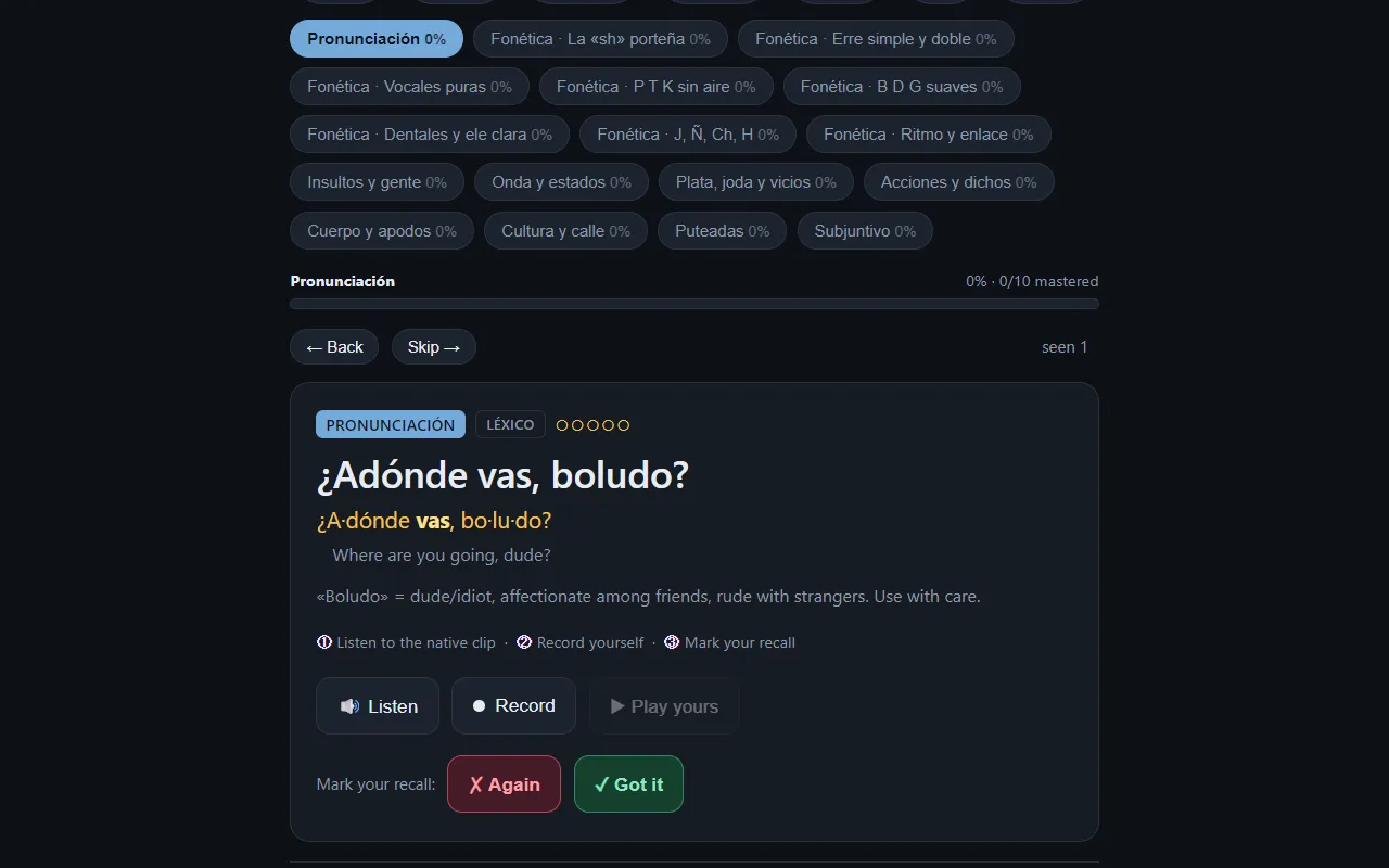 acento: a porteño Spanish flashcard with syllable guide and record controls