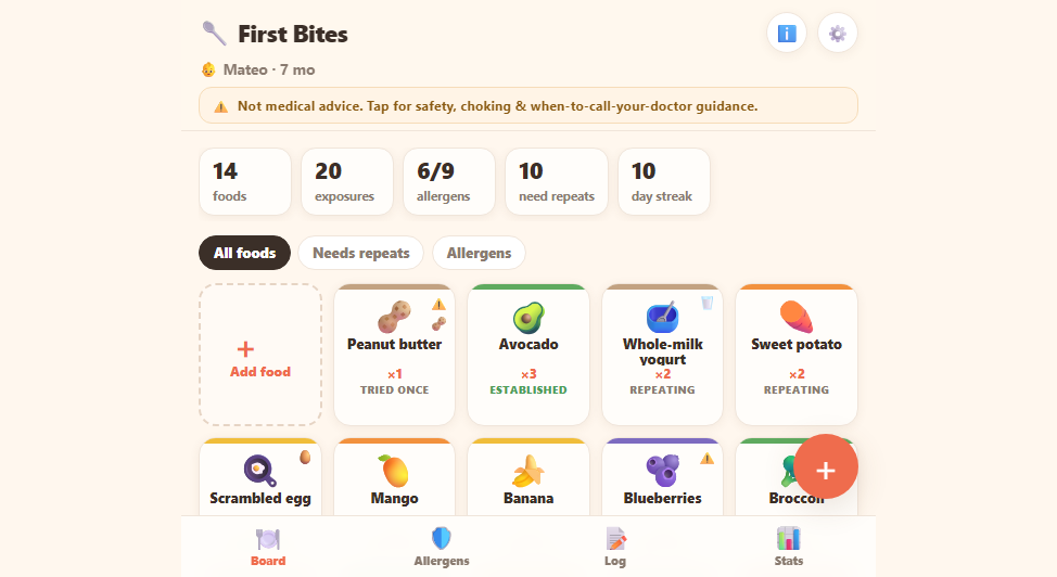 First Bites — baby-led weaning first-foods and top-9 allergen tracker screenshot