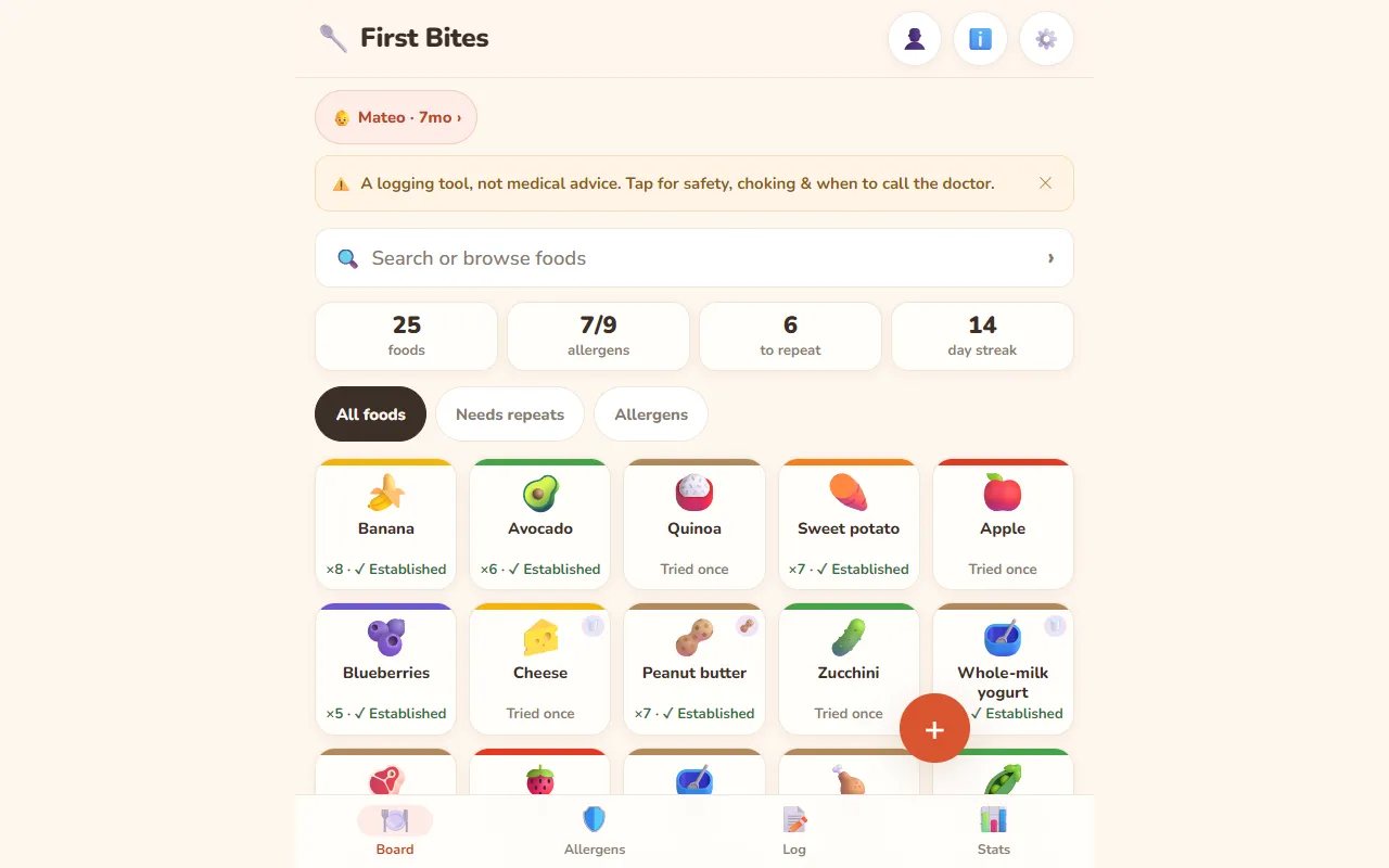 first bites: a food board with allergen progress and a colourful grid of foods tried