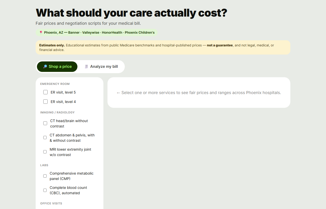 healthcare price tool screenshot