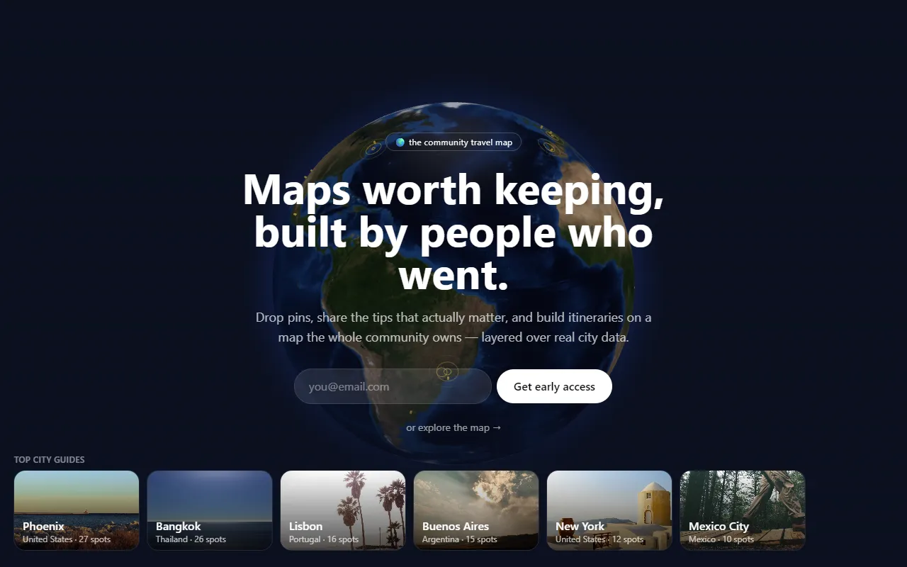 travelmap: a globe and city guide cards on the travelmap landing page