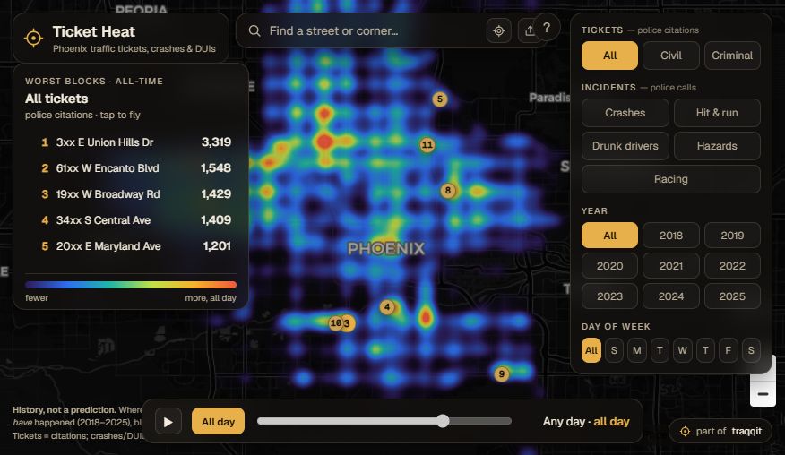 Ticket Heat — Phoenix traffic tickets, crashes and DUIs heatmap with worst-blocks leaderboard
